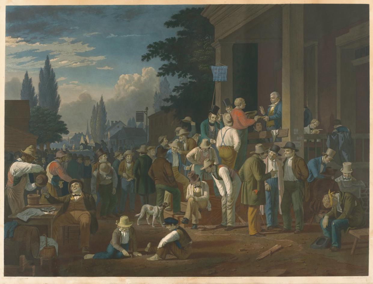 Voters in a county election, 1854. <a href="https://www.nga.gov/collection/art-object-page.110694.html" rel="nofollow noopener" target="_blank" data-ylk="slk:Etching by John Sartain after painting by George Caleb Bingham; National Gallery of Art;elm:context_link;itc:0;sec:content-canvas" class="link ">Etching by John Sartain after painting by George Caleb Bingham; National Gallery of Art</a>