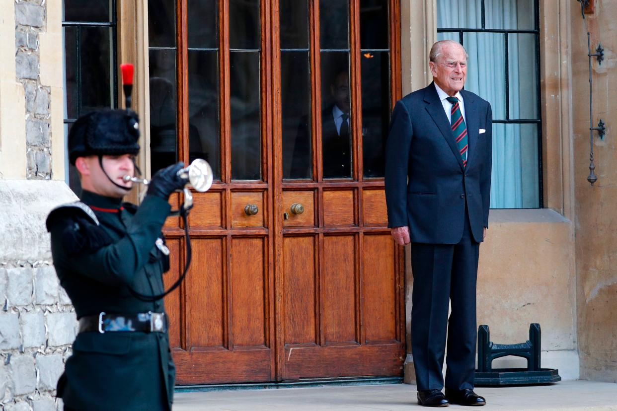 The Duke of Edinburgh listens to buglers during the transfer of the Colonel-in-Chief of The Rifles at Windsor castle in Windsor on July 22, 2020. (Photo: ADRIAN DENNIS via Getty Images)