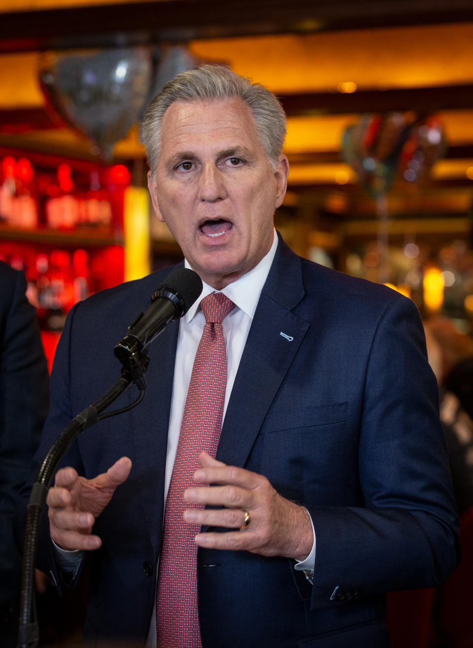 House Minority Leader Kevin McCarthy, R-Calif., speaks to the media at a diner on Monday, May 4, 2021, in Marietta, Ga. McCarthy and other Republicans decried Major League Baseball's decision to move the All-Star game out of Georgia amid concerns about changes to the state's voting laws. (AP Photo/Ron Harris)