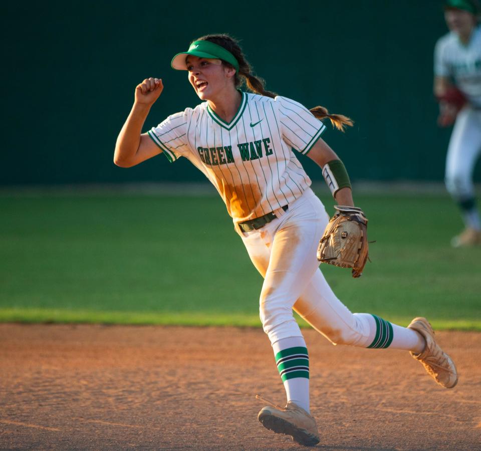 Fort Myers' Tegan Webb (7) celebrates after a play during the softball game between North Fort Myers and Fort Myers on Tuesday, May 17, 2022 in Fort Myers, Fla.