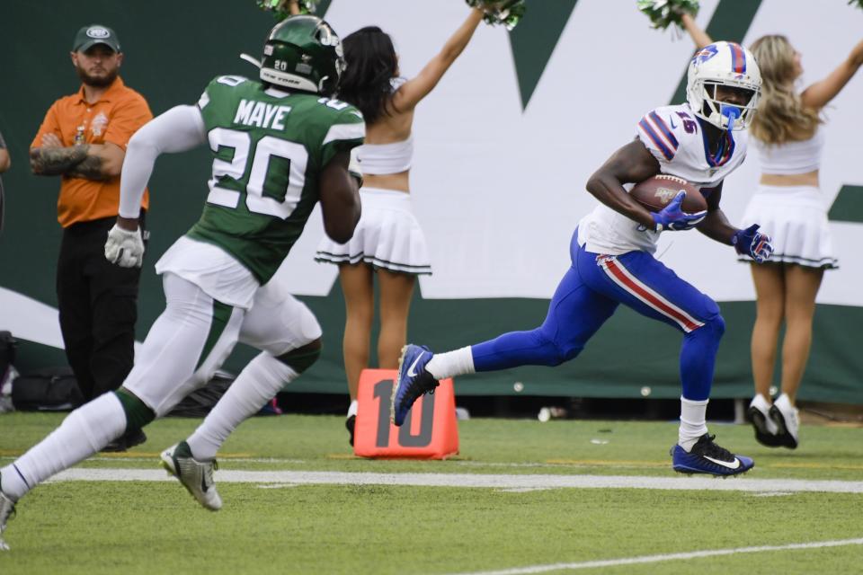 Buffalo Bills' John Brown (15) runs away from New York Jets' Marcus Maye (20) for a touchdown during the second half of an NFL football game Sunday, Sept. 8, 2019, in East Rutherford, N.J. (AP Photo/Bill Kostroun)