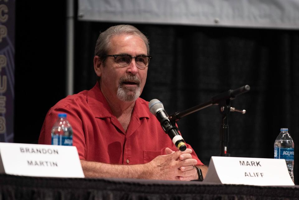 Mark Aliff speaks as a candidate for the Pueblo City Council at-large seat during the 2023 Greater Pueblo Chamber of Commerce candidate debates at Memorial Hall on Wednesday, October 4, 2023.