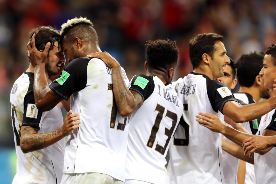 <p>Bryan Ruiz celebrates a late equaliser during the 2018 FIFA World Cup Russia group E match between Switzerland and Costa Rica at Nizhny Novgorod Stadium on June 27, 2018 in Nizhny Novgorod, Russia. </p>