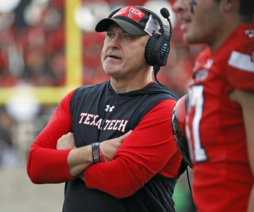 FILE - Texas Tech coach Joey McGuire looks down the sideline during the second half of an NCAA college football game against West Virginia, Oct. 22, 2022, in Lubbock, Texas. Texas Tech opens their season at Wyoming on Sept. 2. (AP Photo/Brad Tollefson, File)