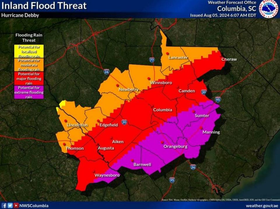 A flood warning has been issued across the Midlands as Hurricane Debby is forecast to bring excessive rain as it approaches the south.