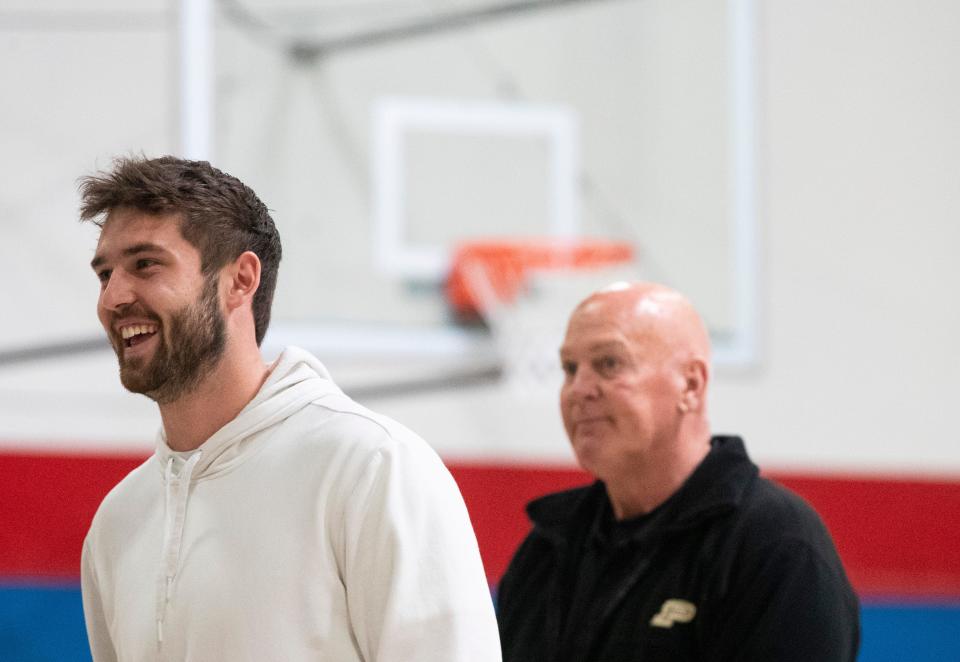 Purdue quarterback Hudson Card talks to kids, Wednesday, March 29, 2023, at the Boys and Girls Club of Tippecanoe County in Lafayette, Ind. 