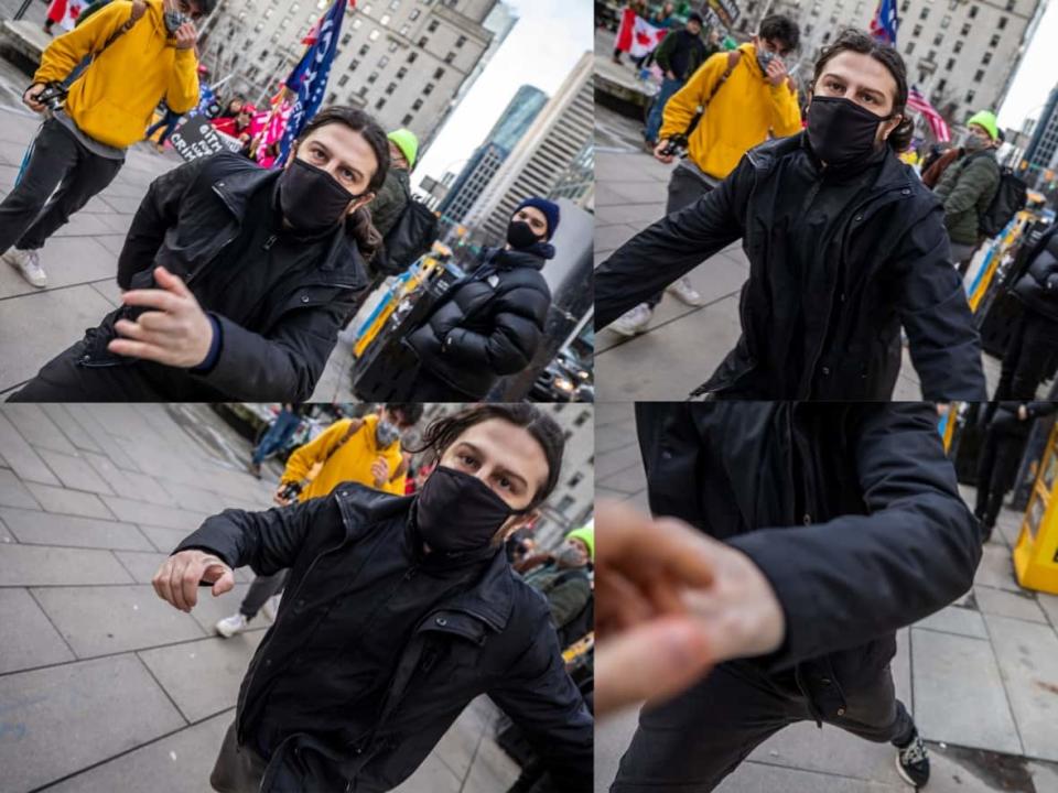 Chris Savva punched CBC photojournalist Ben Nelms at a pro-Trump protest in downtown Vancouver on Wednesday, Jan. 6. Savva was given a conditional discharge after pleading guilty to assault. (Ben Nelms/CBC - image credit)