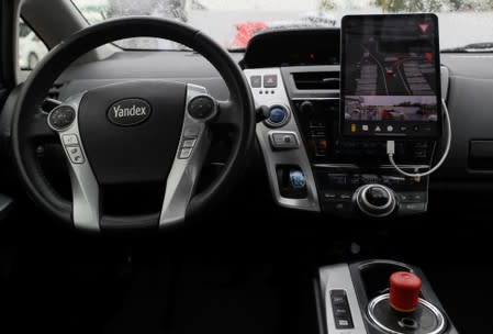 A view shows self-driving cars tested by Yandex company in Moscow