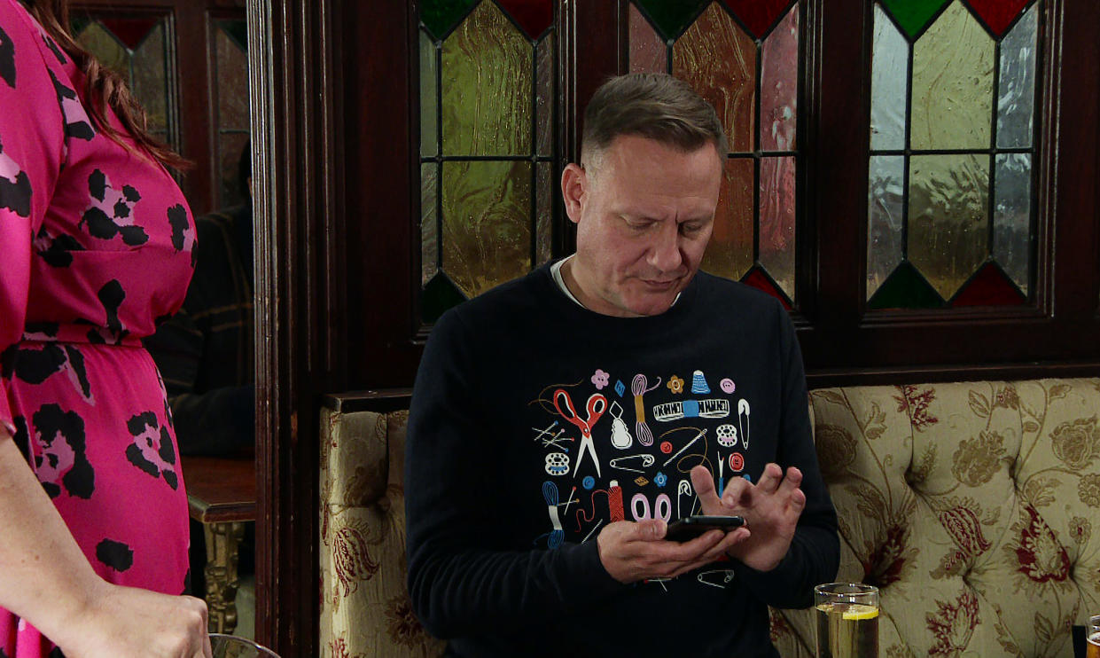FROM ITV

STRICT EMBARGO - No Use Tuesday 25th October 2022

Coronation Street - Ep 1078485

Wednesday 2nd November 2022

Laurence [ROBERT SHAW CAMERON] catches Sean Tully [ANTONY COTTON] trying to crack the code on his phone.  Snatching his phone back, Laurence marches out leaving Sean red faced.  

Picture contact - David.crook@itv.com

Photographer - Danielle Baguley

This photograph is (C) ITV Plc and can only be reproduced for editorial purposes directly in connection with the programme or event mentioned above, or ITV plc. Once made available by ITV plc Picture Desk, this photograph can be reproduced once only up until the transmission [TX] date and no reproduction fee will be charged. Any subsequent usage may incur a fee. This photograph must not be manipulated [excluding basic cropping] in a manner which alters the visual appearance of the person photographed deemed detrimental or inappropriate by ITV plc Picture Desk. This photograph must not be syndicated to any other company, publication or website, or permanently archived, without the express written permission of ITV Picture Desk. Full Terms and conditions are available on  www.itv.com/presscentre/itvpictures/terms

