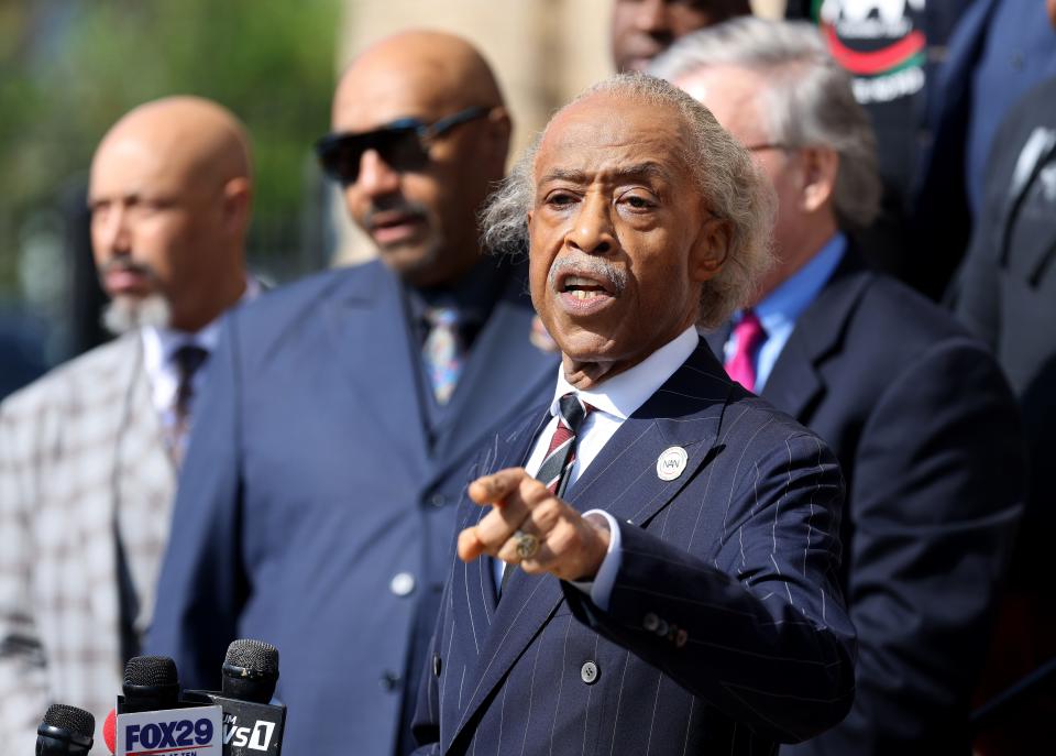 Civil rights activist Al Sharpton speaks to the media outside Antioch Baptist Church in Buffalo. 