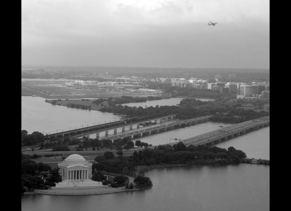 Reagan National is in between two overlapping no-fly zones. Pilots fly what's called the River Visual, carefully following the Potomac River to avoid the CIA headquarters and the Pentagon. On takeoff, they must ascend quickly, sharply veering left so they don't fly over the White House.