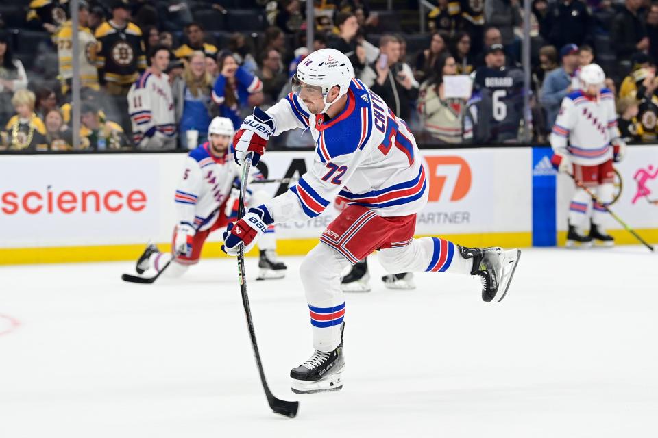 Sep 24, 2023; Boston, Massachusetts, USA; New York Rangers center Filip Chytil (72)  skates in warm-ups prior to the game against Boston Bruins at TD Garden.