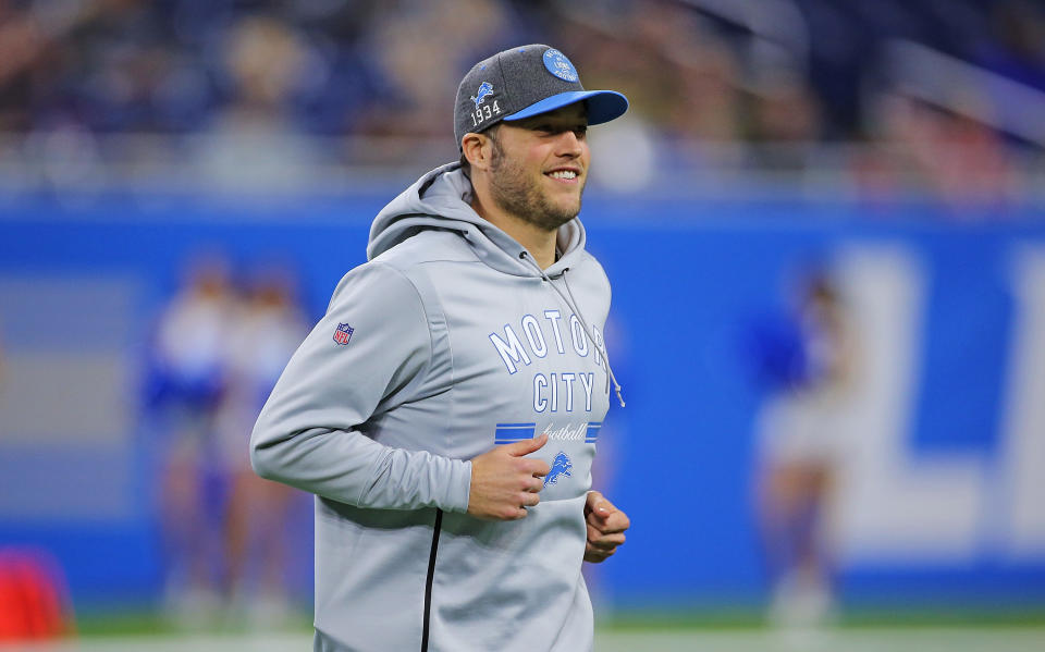 DETROIT, MI - DECEMBER 15: Matthew Stafford #9 of the Detroit Lions jogs onto the field after the game against the Tampa Bay Buccaneers at Ford Field on December 15, 2019 in Detroit, Michigan. Tampa Bay Buccaneers defeated Detroit Lions 38-17. (Photo by Leon Halip/Getty Images)