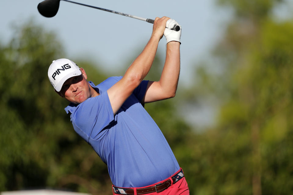 Trey Mullinax hits off the second tee during the second round of the PGA Zurich Classic golf tournament at TPC Louisiana in Avondale, La., Friday, April 26, 2019. (AP Photo/Gerald Herbert)