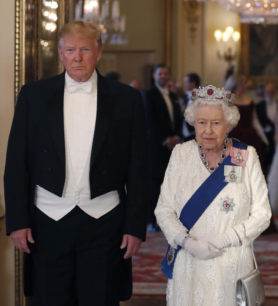 Britain's Queen Elizabeth II (R)and US President Donald Trump pose for a photograph ahead of a State Banquet in the ballroom at Buckingham Palace in central London on June 3, 2019, on the first day of the US president and First Lady's three-day State Visit to the UK. - Britain rolled out the red carpet for US President Donald Trump on June 3 as he arrived in Britain for a state visit already overshadowed by his outspoken remarks on Brexit. (Photo by Alastair Grant / POOL / AFP)        (Photo credit should read ALASTAIR GRANT/AFP/Getty Images)