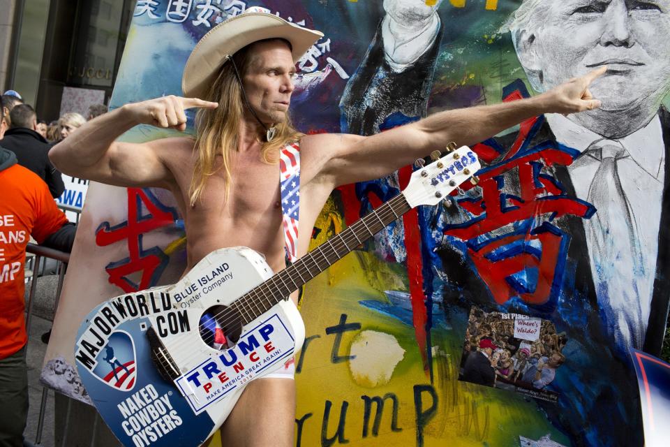 Naked Cowboy in front of Trump Tower on 5th Avenue in midtown Manhattan on October 29, 2016. (Photo: Andrew Lichtenstein/Corbis via Getty Images)