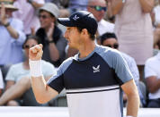 Britain's Andy Murray gestures after winning a point against Italy's Matteo Berrettini during the ATP tennis men's final match in Stuttgart, Germany, Sunday June 12, 2022. (Bernd Wei'brod/dpa via AP)