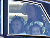 <p>The children sat with Kate Middleton, Duchess of Cambridge, in the car. (Photo: Getty) </p>