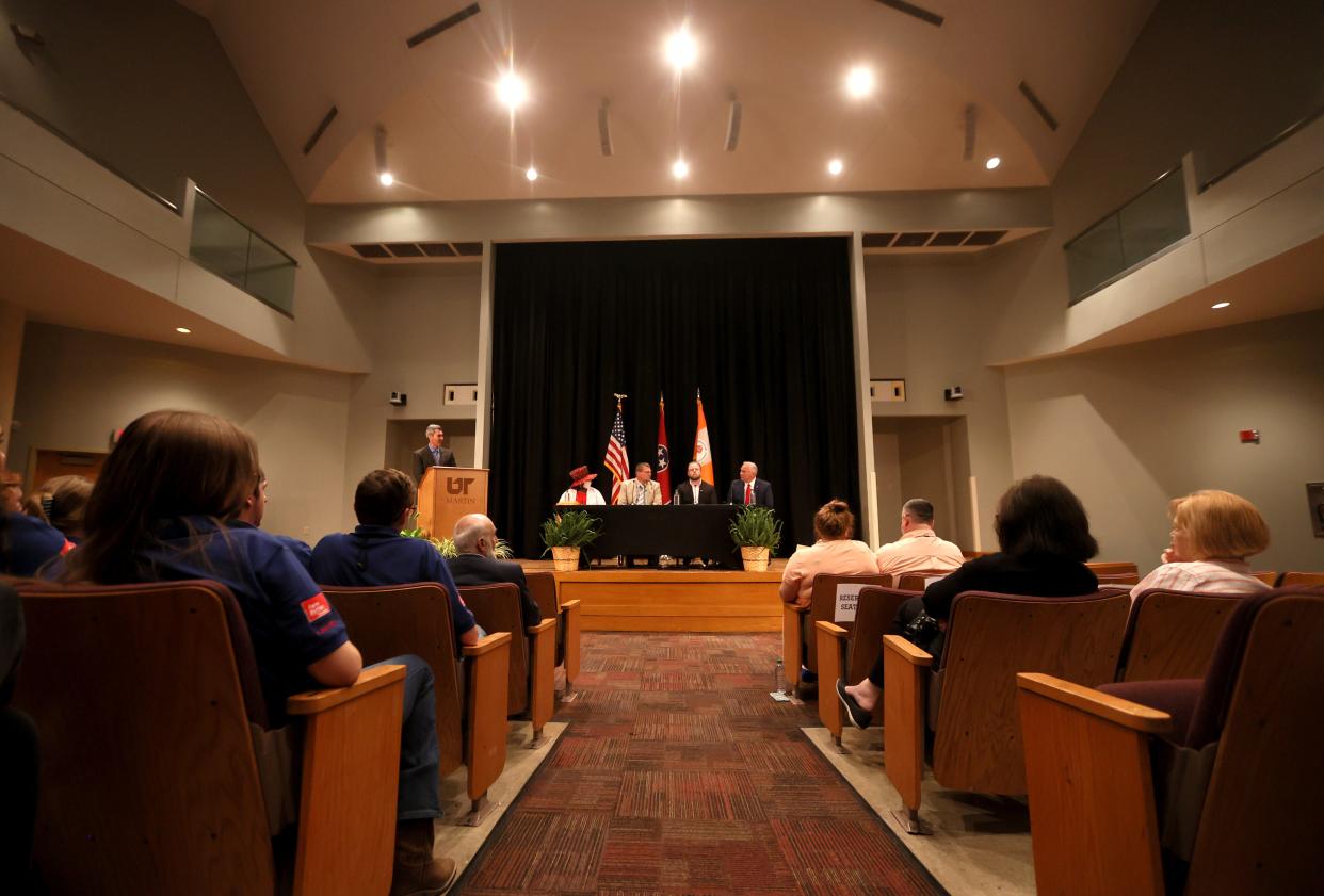 Republican Congressional Candidates from the 8th District Danny Ray Bridger, Gary Dean Clouse, and Bob Hendry, as well as Democratic candidate Lynnette Williams speak at the Watkins Auditorium inside the Boling University Center at the University of Tennessee at Martin on Thursday, June 9, 2022.