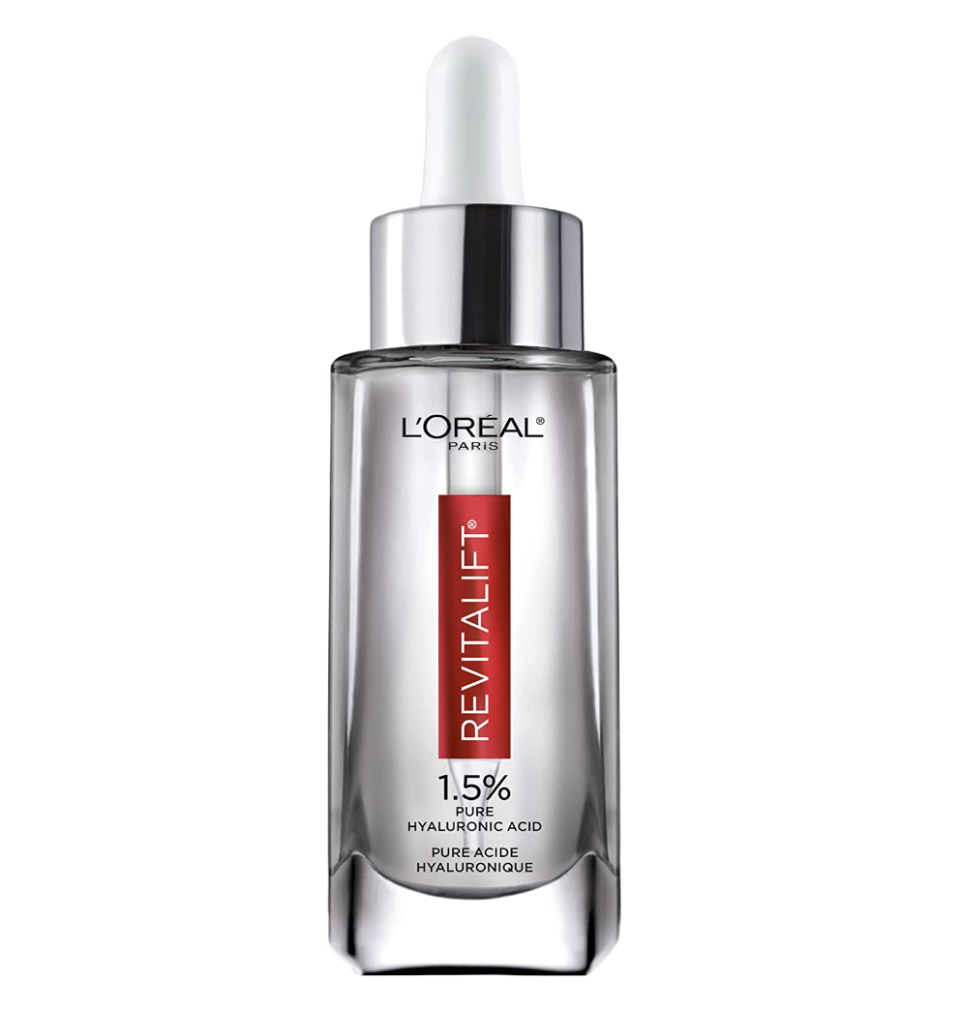 L&#39;Or&#xe9;al Revitalift 1.5{5b4d37f3b561c14bd186647c61229400cd4722d6fb37730c64ddff077a6b66c6} Pure Hyaluronic Acid Serum in silver, red and white bottle (Photo via Amazon)