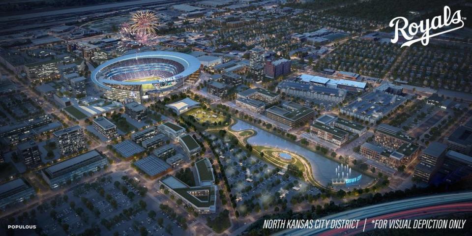 A rendering from stadium design firm Populous shows a concept of what a new Kansas City Royals stadium located in North Kansas City might look like.