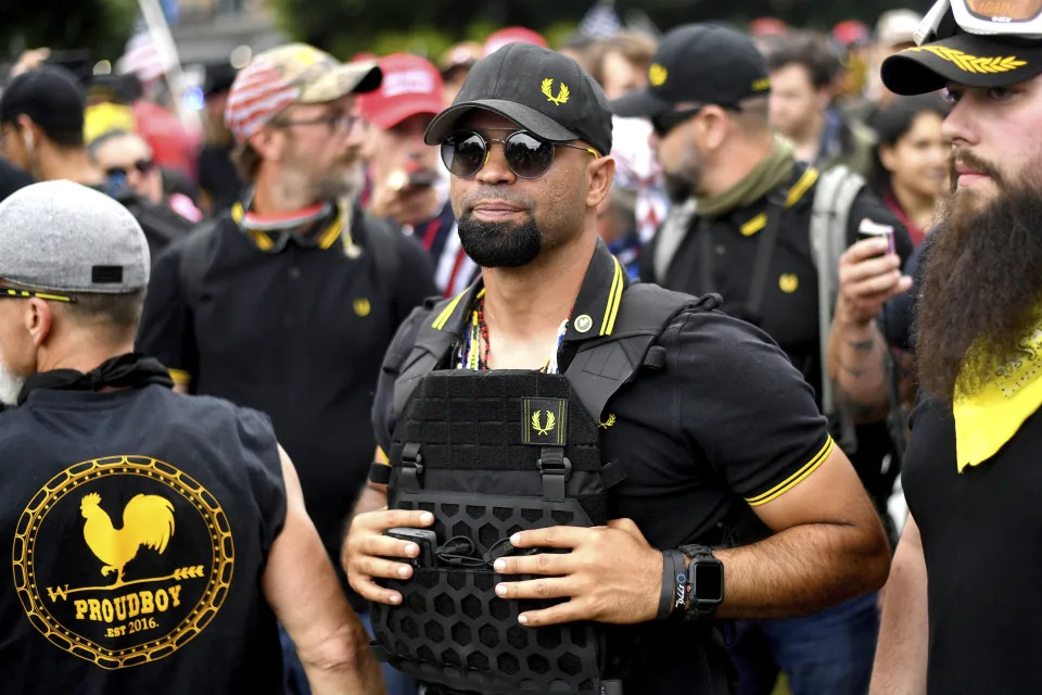 FILE - Proud Boys chairman Enrique Tarrio rallies in Portland, Ore., Aug. 17, 2019. (AP Photo/Noah Berger, File)