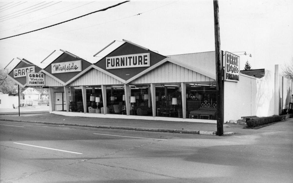 Grace Wayside Furniture on Route 9 in Shrewsbury, shown in 1967, had roots in Worcester.