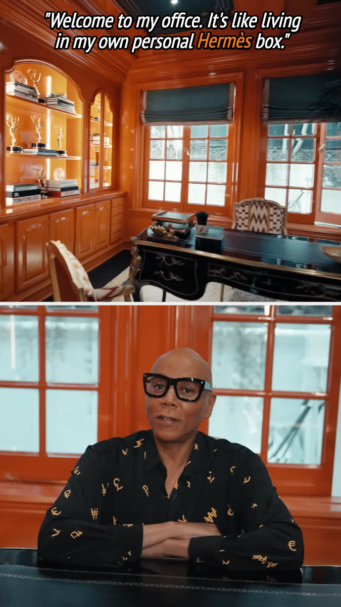 RuPaul sitting in his orange office with quote: welcome to my office. it's like living in my own personal Hermes box.