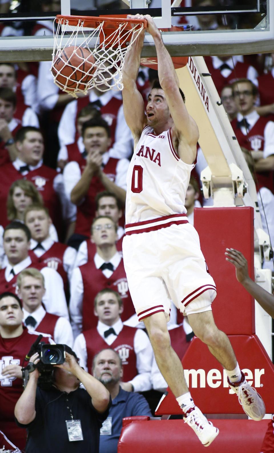 Indiana guard Will Sheehey dunks the basketball in the first half of an NCAA basketball game against Wisconsin in Bloomington, Ind. Tuesday, Jan. 14, 2014. Indiana won 75-72. (AP Photo/R Brent Smith)