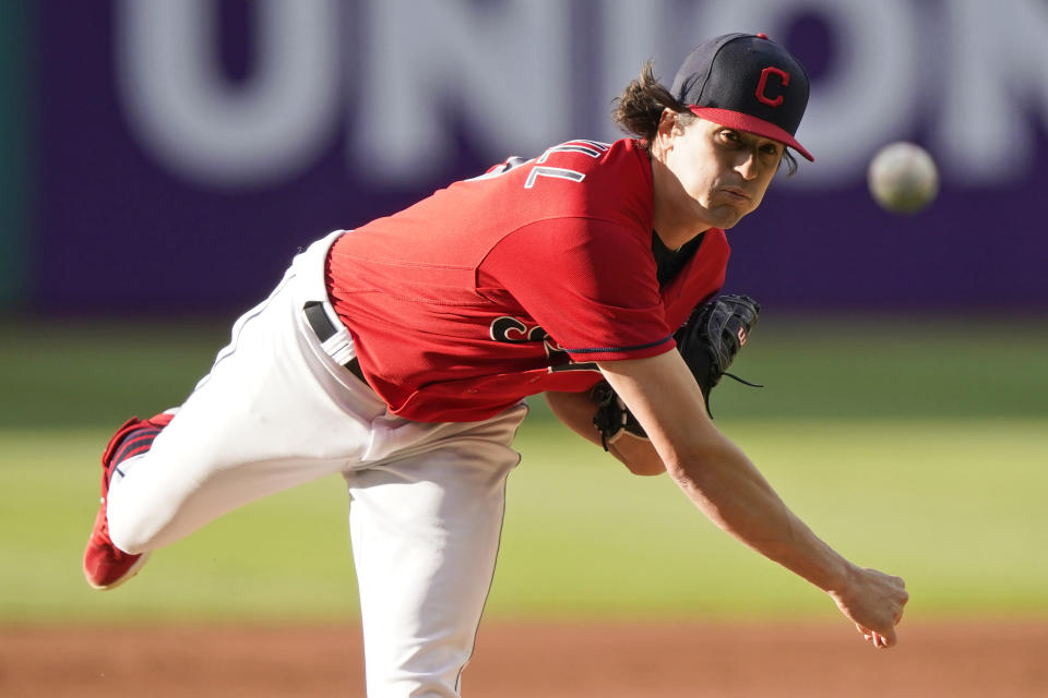 Cleveland Indians starting pitcher Cal Quantrill delivers in the first inning of a baseball game against the Baltimore Orioles, Tuesday, June 15, 2021, in Cleveland. (AP Photo/Tony Dejak)