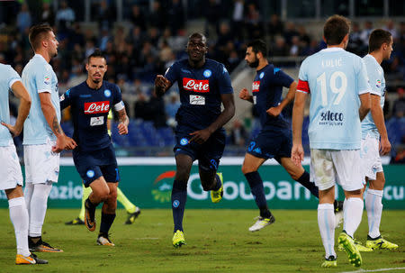 Soccer Football - Serie A - Lazio vs Napoli - Stadio Olimpico, Rome, Italy - September 20, 2017 Napoli's Kalidou Koulibaly celebrates scoring their first goal REUTERS/Ciro De Luca