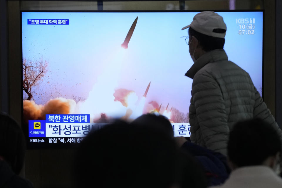 A TV screen shows an image of North Korea's missiles launch during a news program at the Seoul Railway Station in Seoul, South Korea, Friday, March 10, 2023. North Korean leader Kim Jong Un supervised a frontline artillery drill simulating an attack on an unspecified South Korean airfield as he called for his troops to sharpen their combat readiness in the face of his rivals' "frantic war preparation moves," state media said Friday. (AP Photo/Ahn Young-joon)