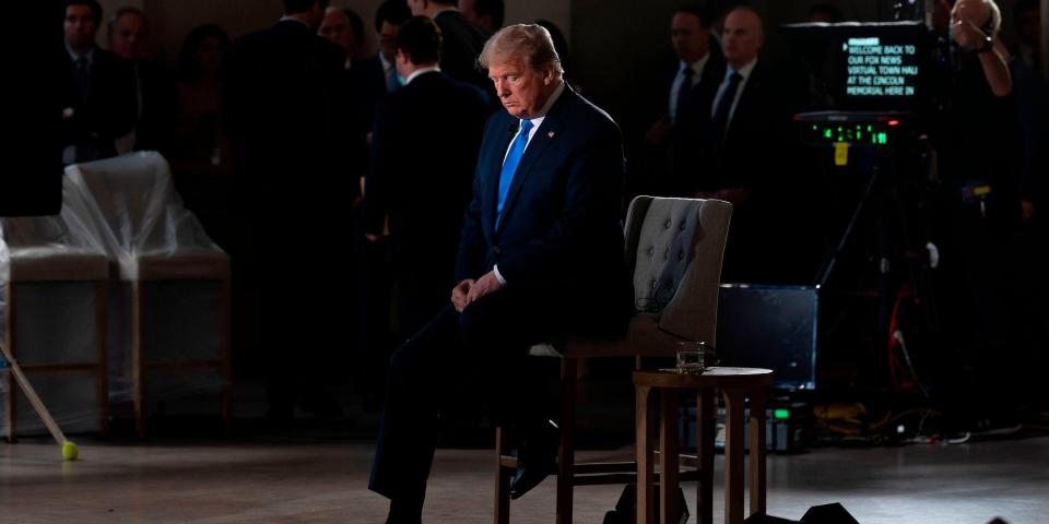 Former President Donald Trump during a Fox News virtual town hall from the Lincoln Memorial in Washington, DC on May 3, 2020.