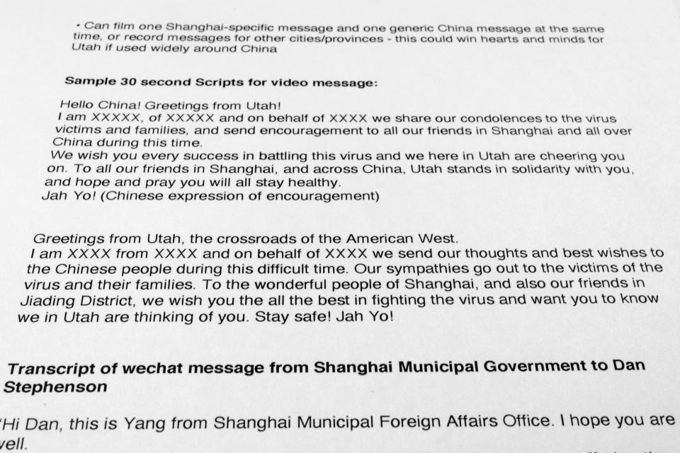 Sample scripts provided for Utah lawmakers to read in videos requested by the government of Shanghai early in the coronavirus pandemic are photographed Feb. 13, 2023. As tensions with Washington rise, Beijing has focused its influence efforts on state and local officials. Security experts have warned that state lawmakers could be unwitting participants in Chinese government propaganda efforts.(AP Photo/Jon Elswick)