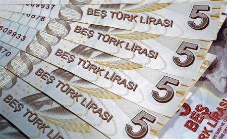 Turkish 5 lira banknotes are seen in this illustration picture taken in Istanbul January 28, 2014. REUTERS/Murad Sezer