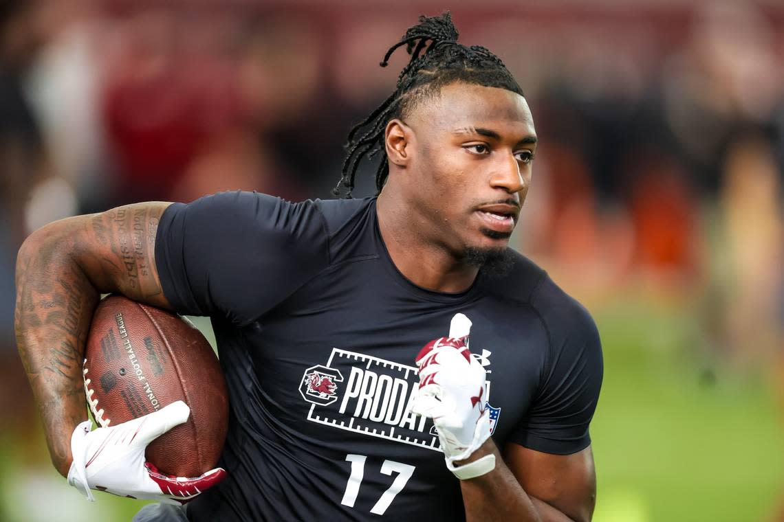 South Carolina Gamecocks wide receiver Xavier Legette (17) makes a reception during USC’s Pro Day March 12, 2024.