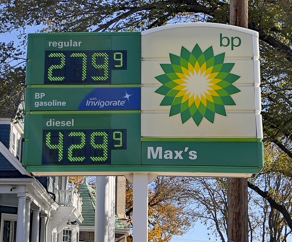 EMPORIA, KS - NOVEMBER 10: Current gasoline price at a BP station located in Emporia, Kansas today. This price shows a drop of almost ten percent in just five days at the same gas station. November 10, 2023. Credit: Mark Reinstein/MediaPunch /IPX