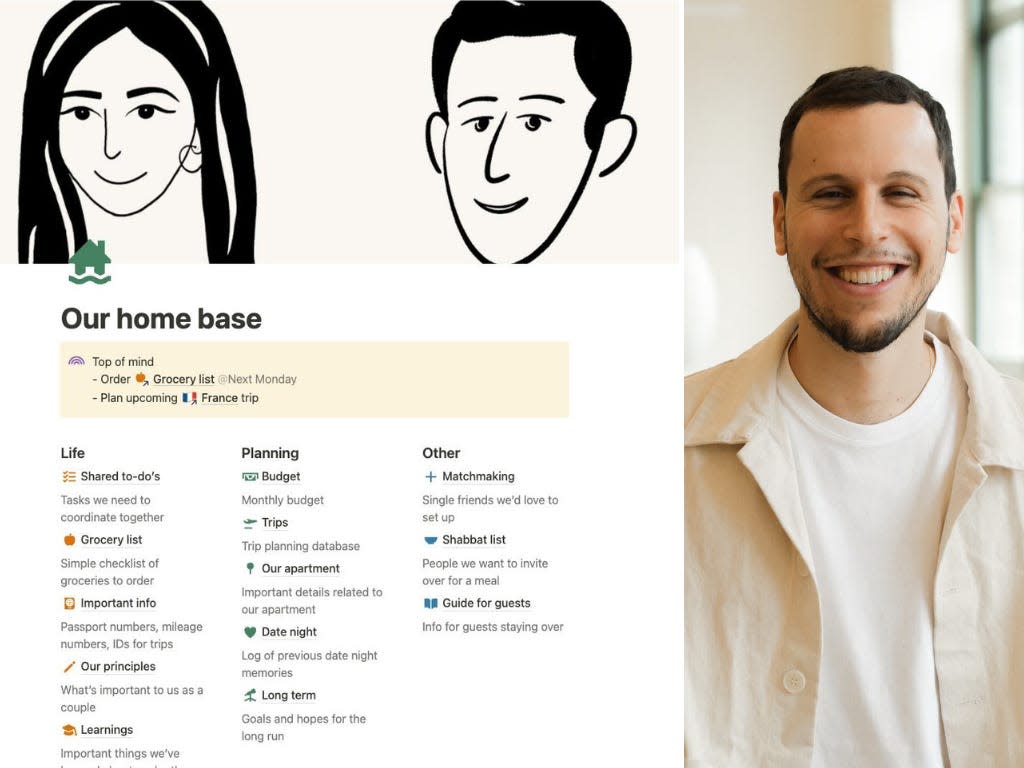 A composite image of Ben Lang (right) who created a Notion "home base" for him and his wife. Screengrab of the Notion homebase seen on the left, with tabs for "life," "planning," and "other" aspects of married life.