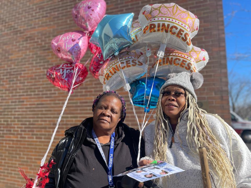 Rhonda Nicks, left, and Judith Duke brought balloons Monday, Feb. 5, 2024, to the memorial service at Century Center in South Bend for the six Smith family children killed as a result of the Jan. 21, 2024, fatal house fire on North LaPorte Avenue.