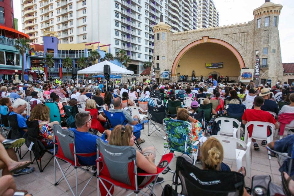A big crowd is pictured at a past edition of the seasonal summer concerts at the Daytona Beach Bandshell. A slate of weekly free concerts by rock and pop tribute acts returns starting Memorial Day weekend.