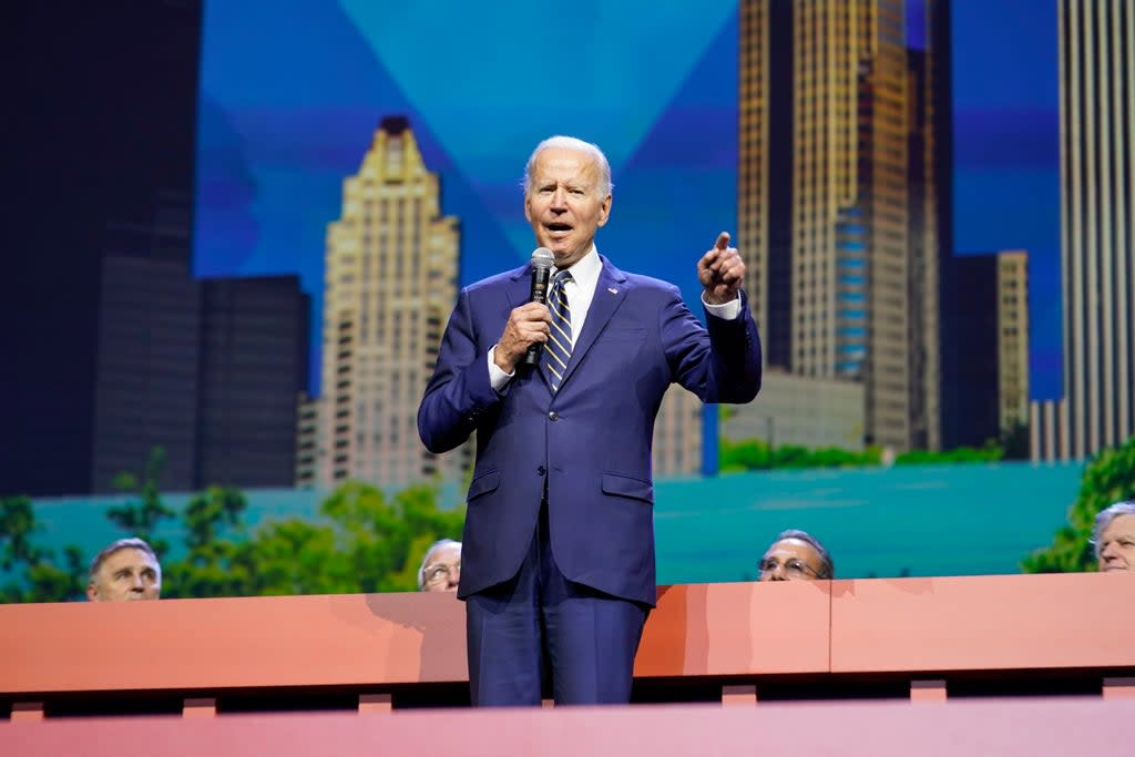 Joe Biden speaks at a gathering of union members  (Copyright 2022 The Associated Press. All rights reserved)