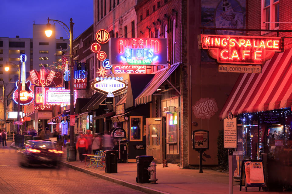 The night view of Beale Street in Memphis.