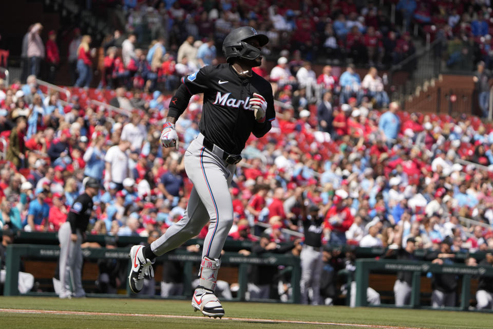 Miami Marlins' Jazz Chisholm Jr. rounds the bases after hitting a three-run home run during the first inning of a baseball game against the St. Louis Cardinals Sunday, April 7, 2024, in St. Louis. (AP Photo/Jeff Roberson)