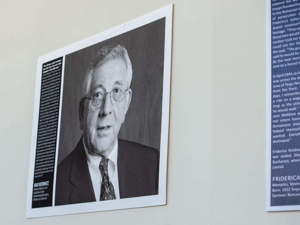 Max Notowitz, Holocaust survivor and father of Ida Eleazer, has his portrait shown in the halls of The Ned in Jackson, Tenn. on Tuesday, Mar. 7, 2023.