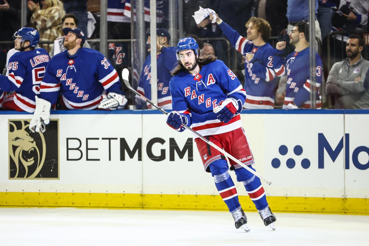 May 5, 2024; New York, New York, USA; New York Rangers center Mika Zibanejad (93) celebrates after scoring his second goal of the game in the first period against the Carolina Hurricanes in game one of the second round of the 2024 Stanley Cup Playoffs at Madison Square Garden.