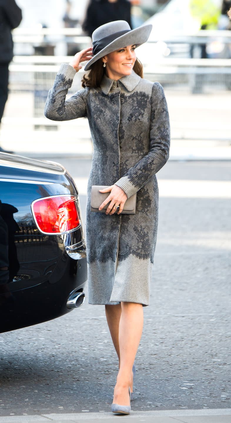 <p>Middleton looked chic in a monochromatic grey look, featuring an Erdem coat with eye-catching lace details, a wide-brimmed hat and velvet pumps as the royals attended the Commonwealth Day service in the year of the Queen's 90th birthday. </p>