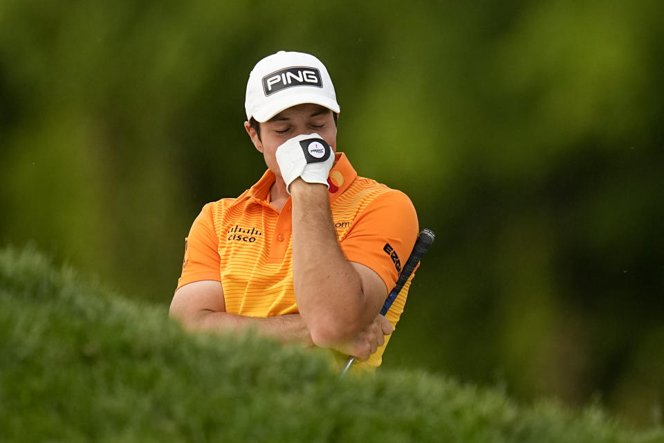 Viktor Hovland, of Norway, reacts after failing to get his ball out of the bunker on the 16th hole during the final round of the PGA Championship golf tournament at Oak Hill Country Club on Sunday, May 21, 2023, in Pittsford, N.Y. (AP Photo/Eric Gay)
