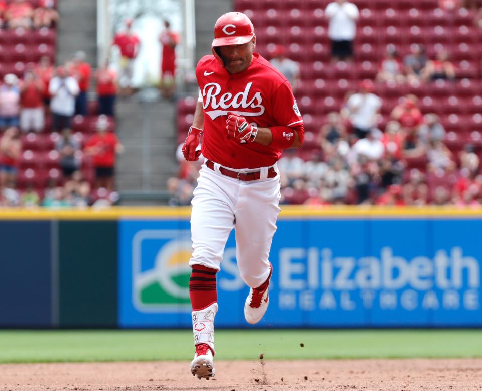 Jul 24, 2022; Cincinnati, Ohio, USA; Cincinnati Reds designated hitter Joey Votto (19) runs the bases after hitting a three-run home run against the St. Louis Cardinals during the third inning at Great American Ball Park. Mandatory Credit: David Kohl-USA TODAY Sports