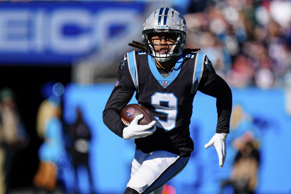 FILE - Carolina Panthers' Stephon Gilmore returns an interception against the New England Patriots during the first half of an NFL football game on Nov. 7, 2021, in Charlotte, N.C. (AP Photo/Jacob Kupferman, File)