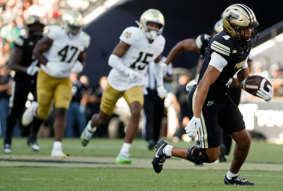 Purdue Boilermakers wide receiver Kam Brown (4) catches a pass Saturday, Sept. 14, 2024, during the NCAA football game against the Notre Dame Fighting Irish at Ross-Ade Stadium in West Lafayette, Ind. Notre Dame Fighting Irish won 66-7.